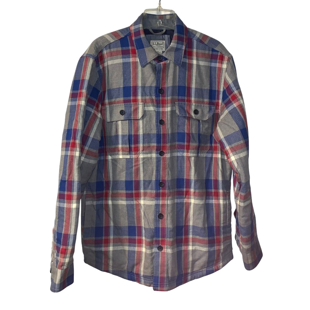 LL Bean Mens Plaid Shacket Size S Button Up Shirt Jacket Quilted Lining Workwear
